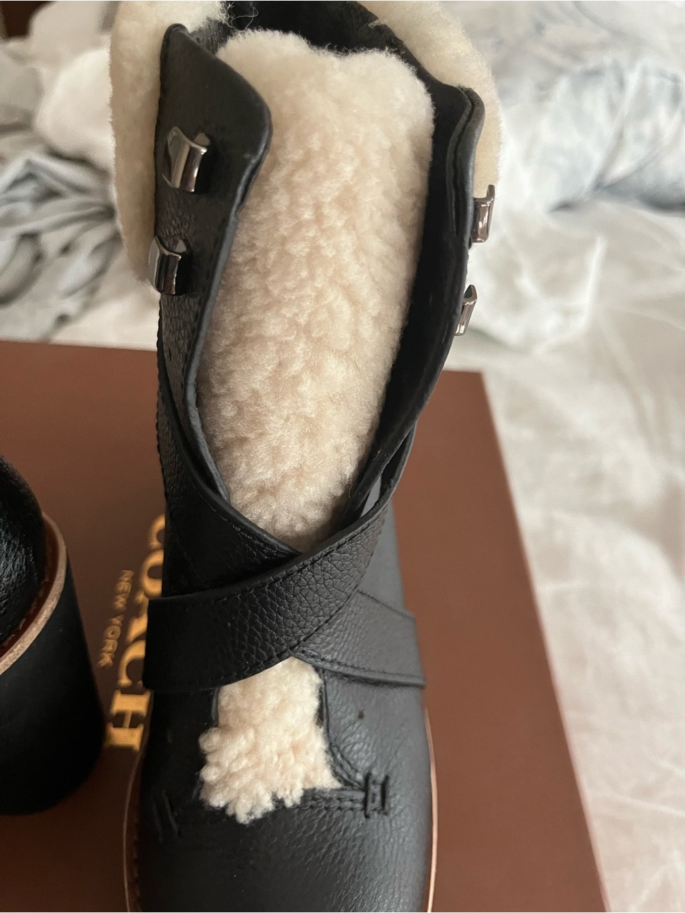 Coach Black Leather Ankle Boots with Cream Shearling - Picture 7 of 9